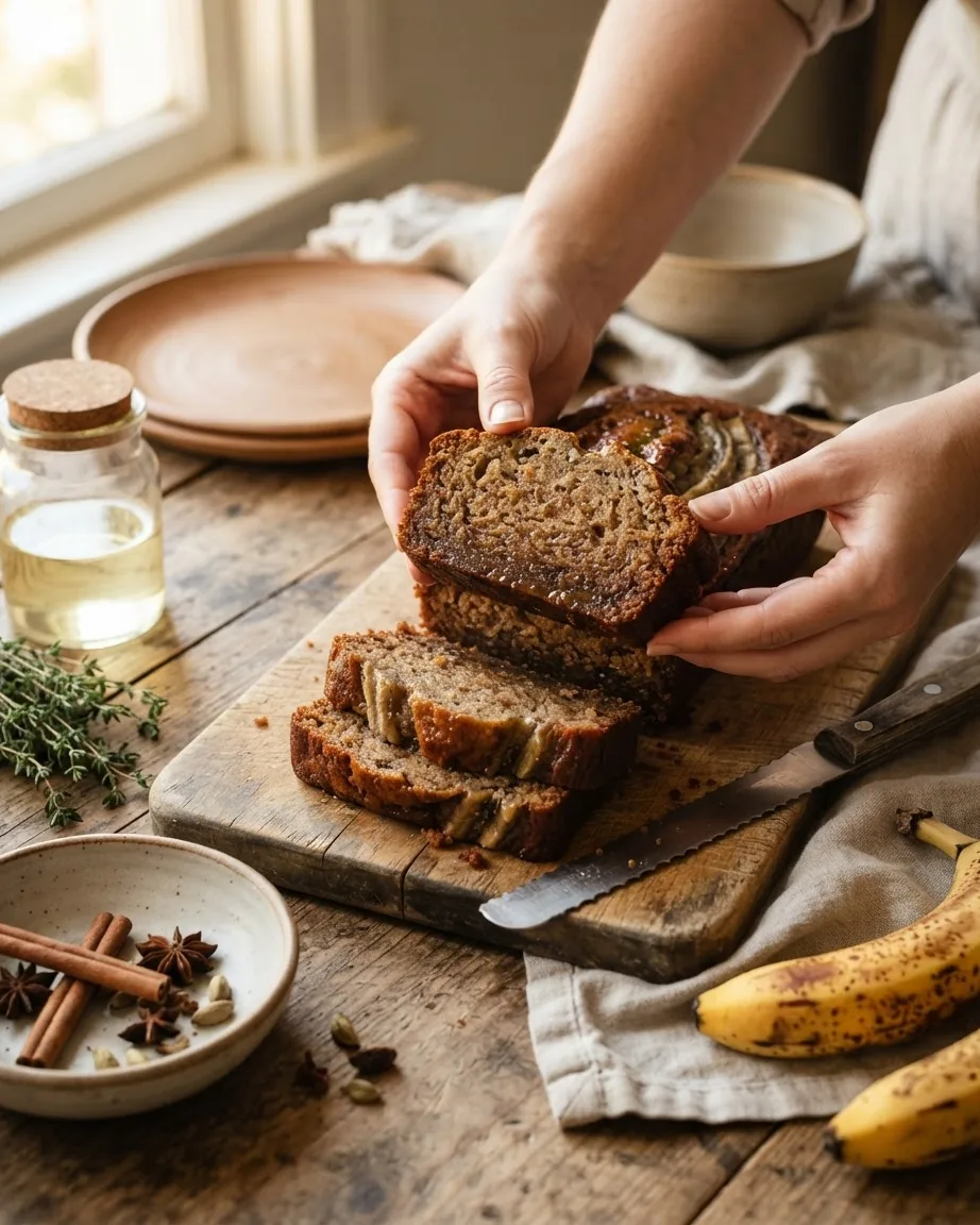 Hands slice a moist banana bread loaf beside bananas, spices, and a small bottle of oil.