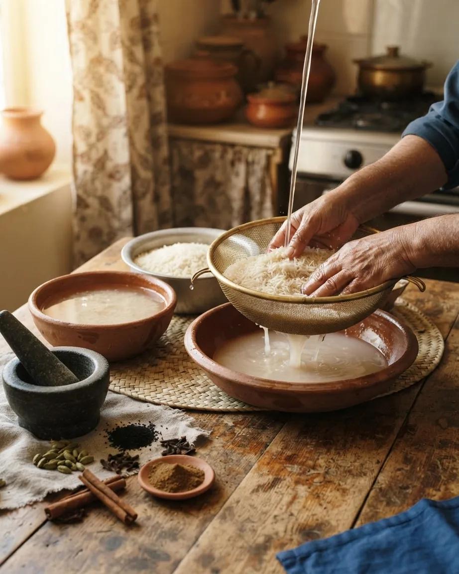 Hands rinse white rice in a mesh strainer over clay bowls beside whole spices.