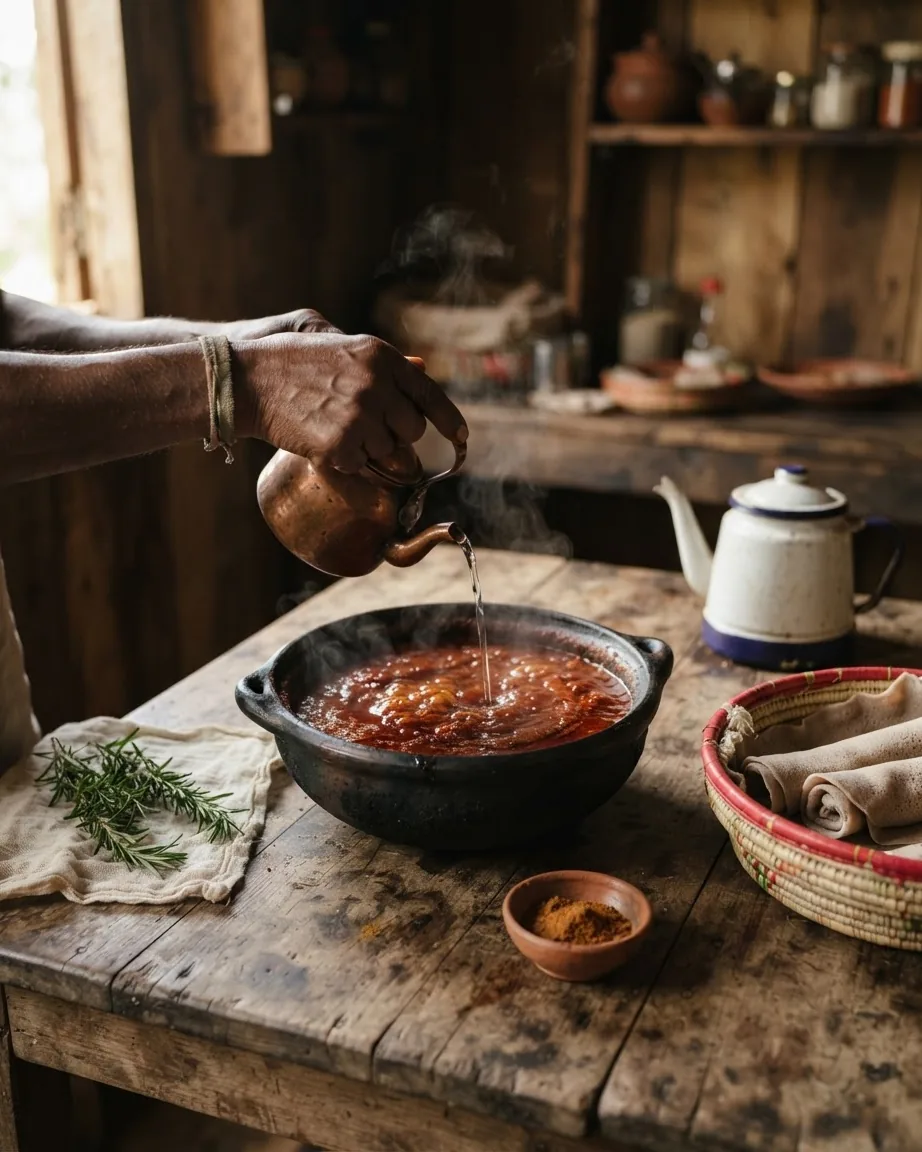 A pot of thick reddish-brown stew simmers on a stovetop beside a bowl and cooking utensils.