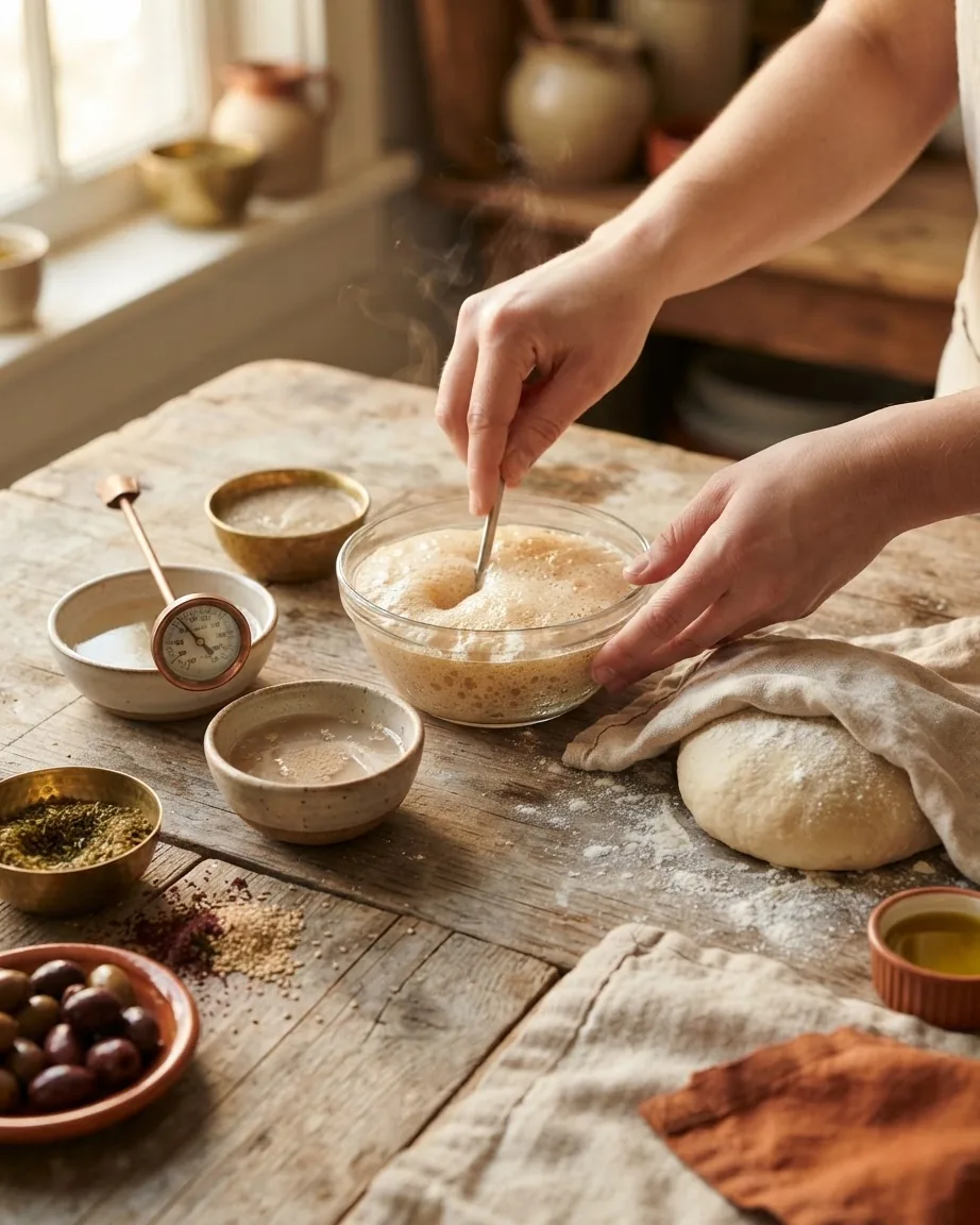 Hands stir a foamy yeast mixture beside dough, flour, bowls, and a kitchen thermometer.
