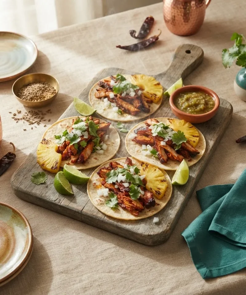 A wooden board of Mexican tacos al pastor with pineapple, cilantro, onion and lime wedges
