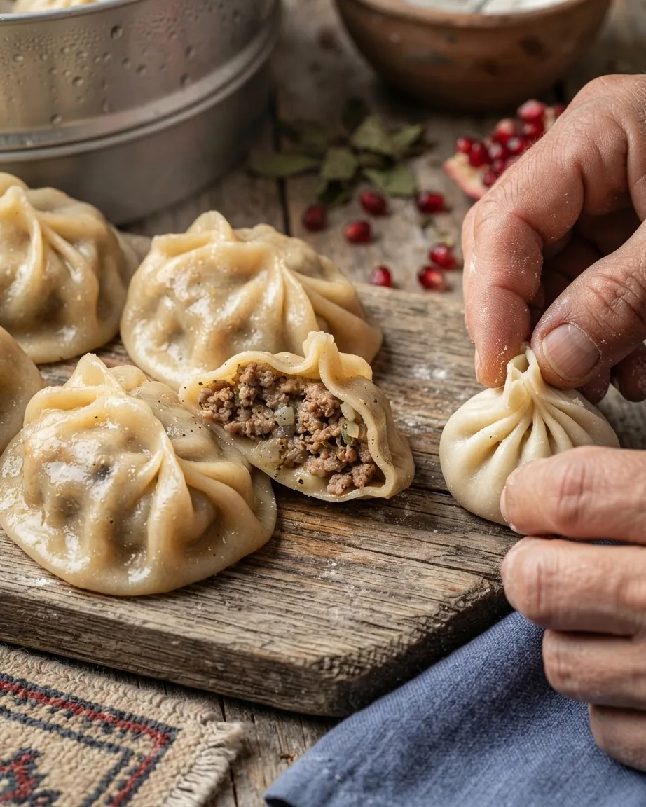 Hands shape filled mantu dumplings on a wooden board beside a steamer and scattered pomegranate seeds.