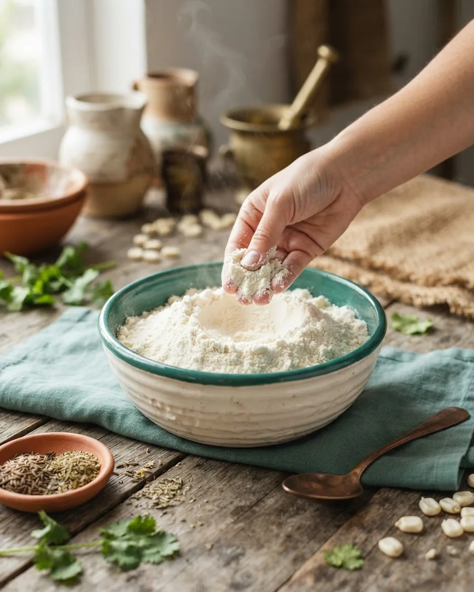 A hand pinches fine white flour from a ceramic bowl on a rustic kitchen table.