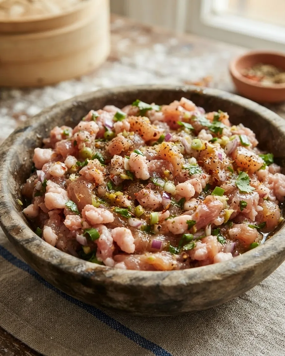 Detail view of meat filling: chicken thigh for juice, pork for the classic
