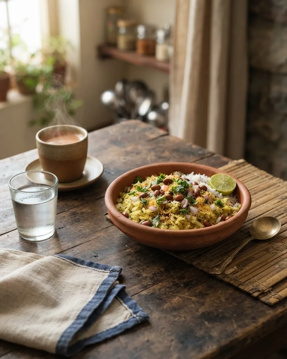 Detail view of medium flame, minimal stirring: the cooking rules that prevent soggy poha