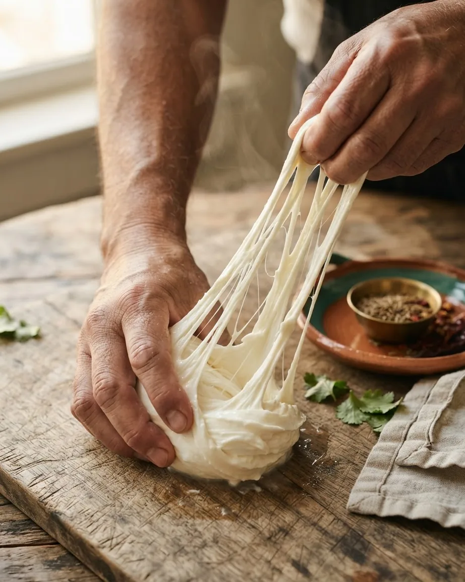 Hands pull long, stretchy strands from a ball of white cheese on a wooden board.