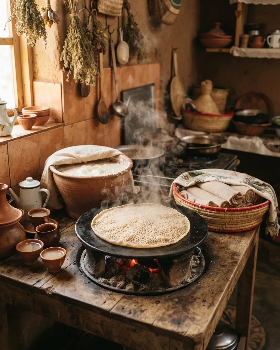 Detail view of method: fermenting and cooking the injera recipe step by step