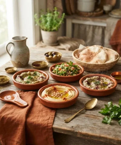 A spread of Lebanese mezze with hummus, tabbouleh, baba ganoush and warm pita bread