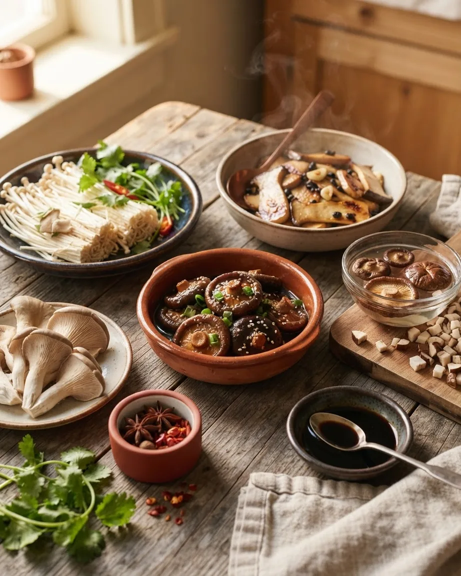 Several mushroom dishes and fresh mushrooms arranged on a rustic kitchen table.
