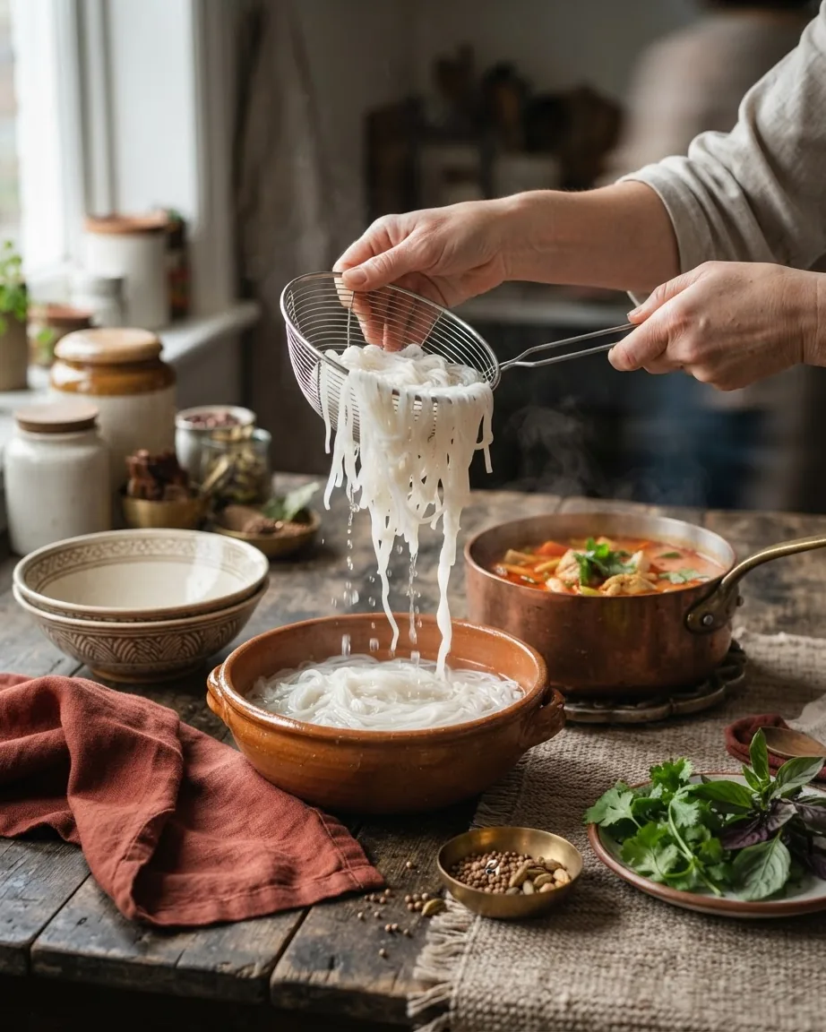Hands drain white rice noodles over a bowl beside a pot of red curry broth and fresh herbs.