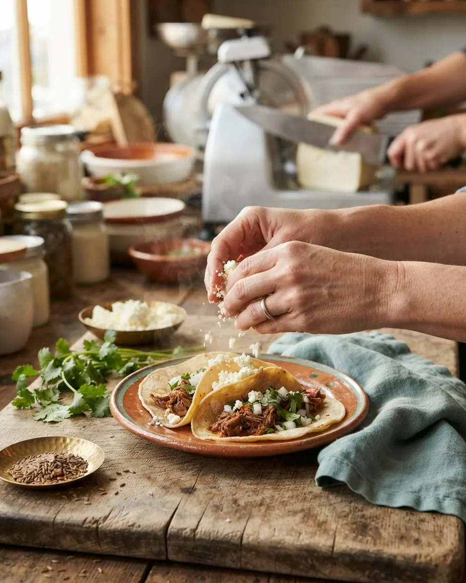 Hands crumble white cheese over tacos while another person slices a block of white cheese nearby.