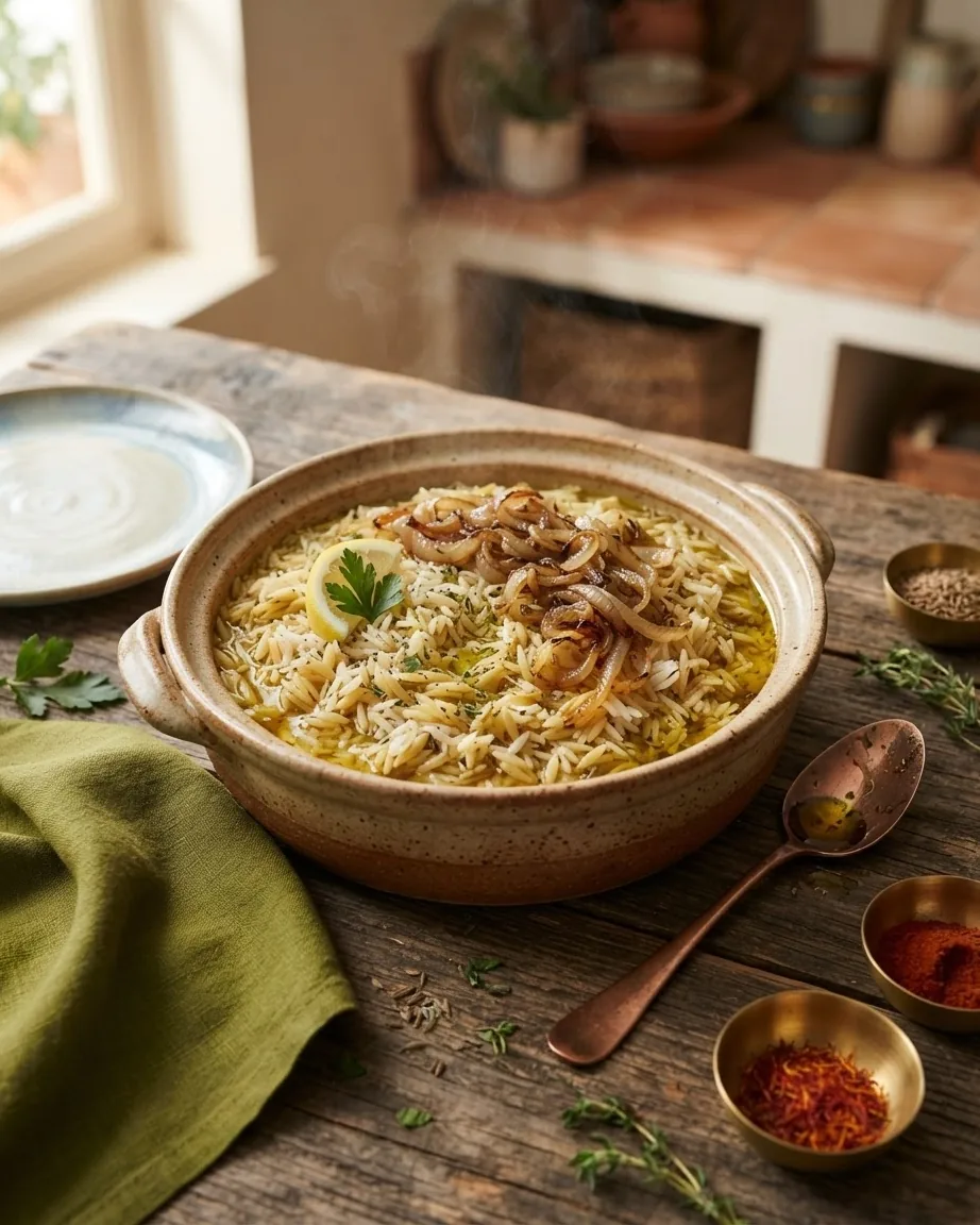 Steaming rice and orzo in broth topped with browned onions, lemon and herbs.