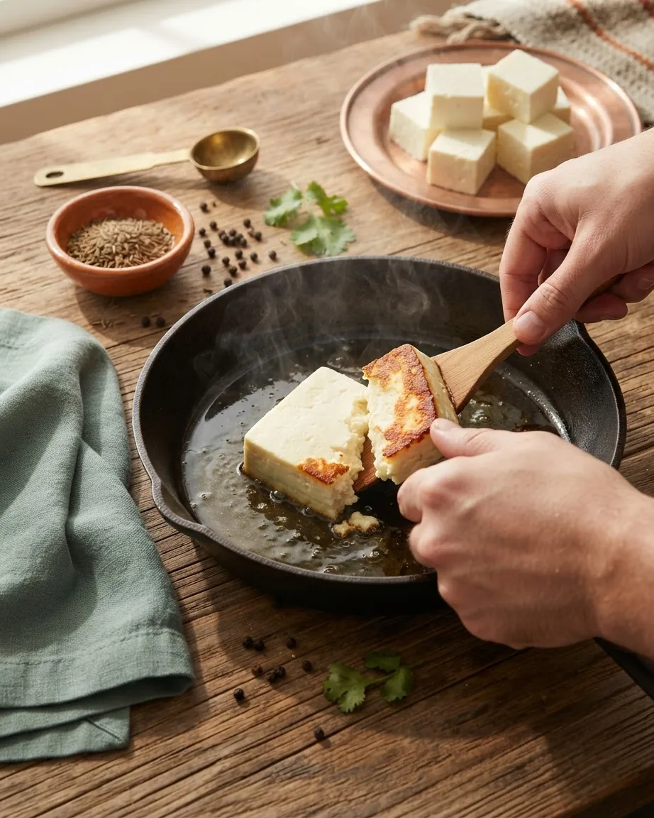 Hands turn browned cubes of white cheese in a hot skillet beside spices and extra cheese.