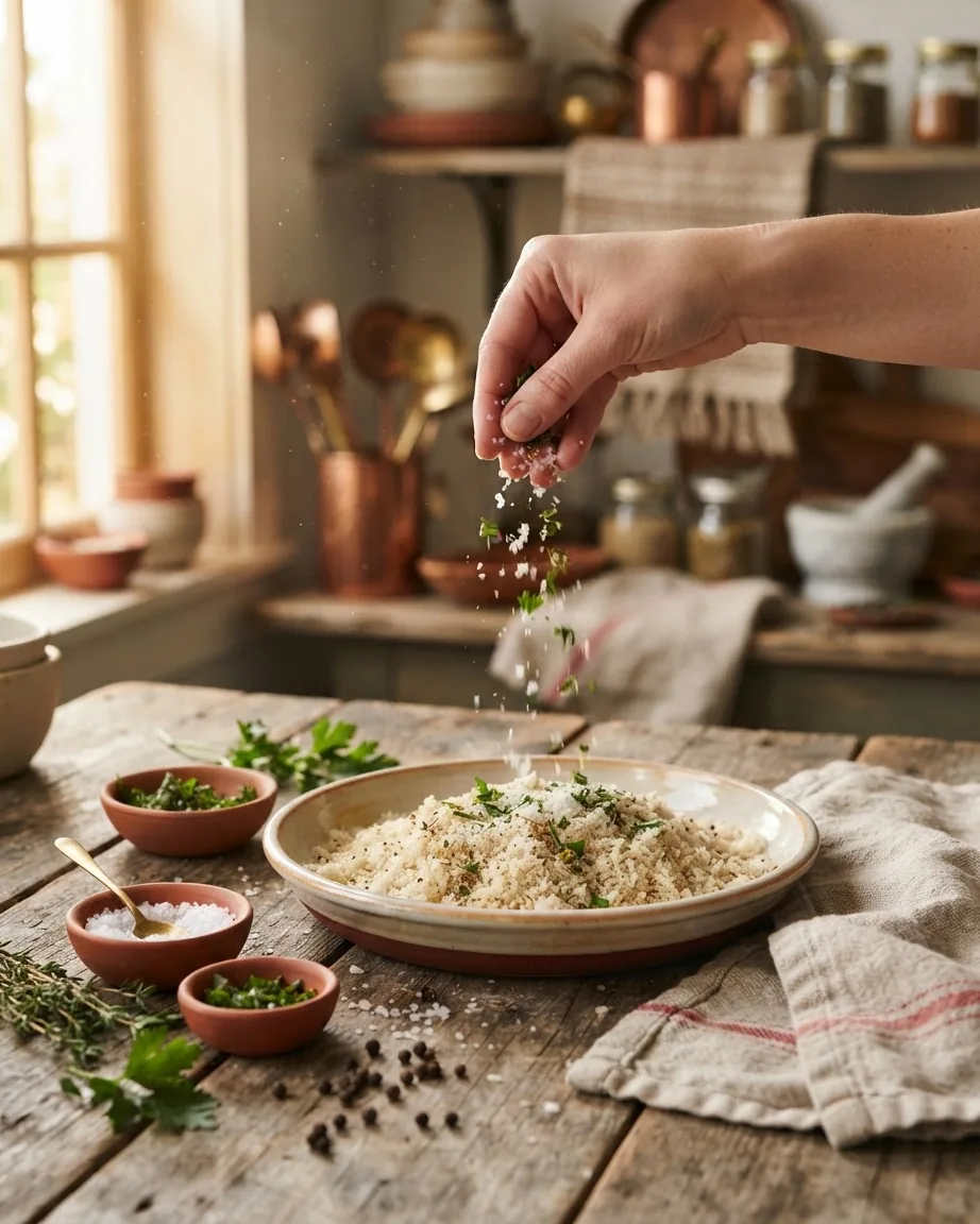 A hand sprinkles salt and herbs over coarse bread crumbs in a shallow ceramic dish.