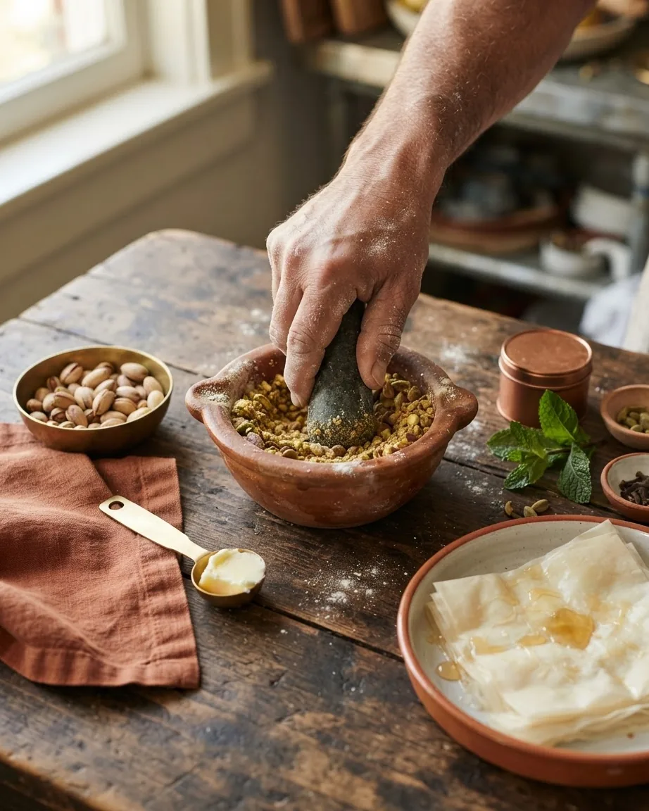 A hand grinds coarse pistachios in a mortar beside pastry sheets, butter, spices, and nuts.
