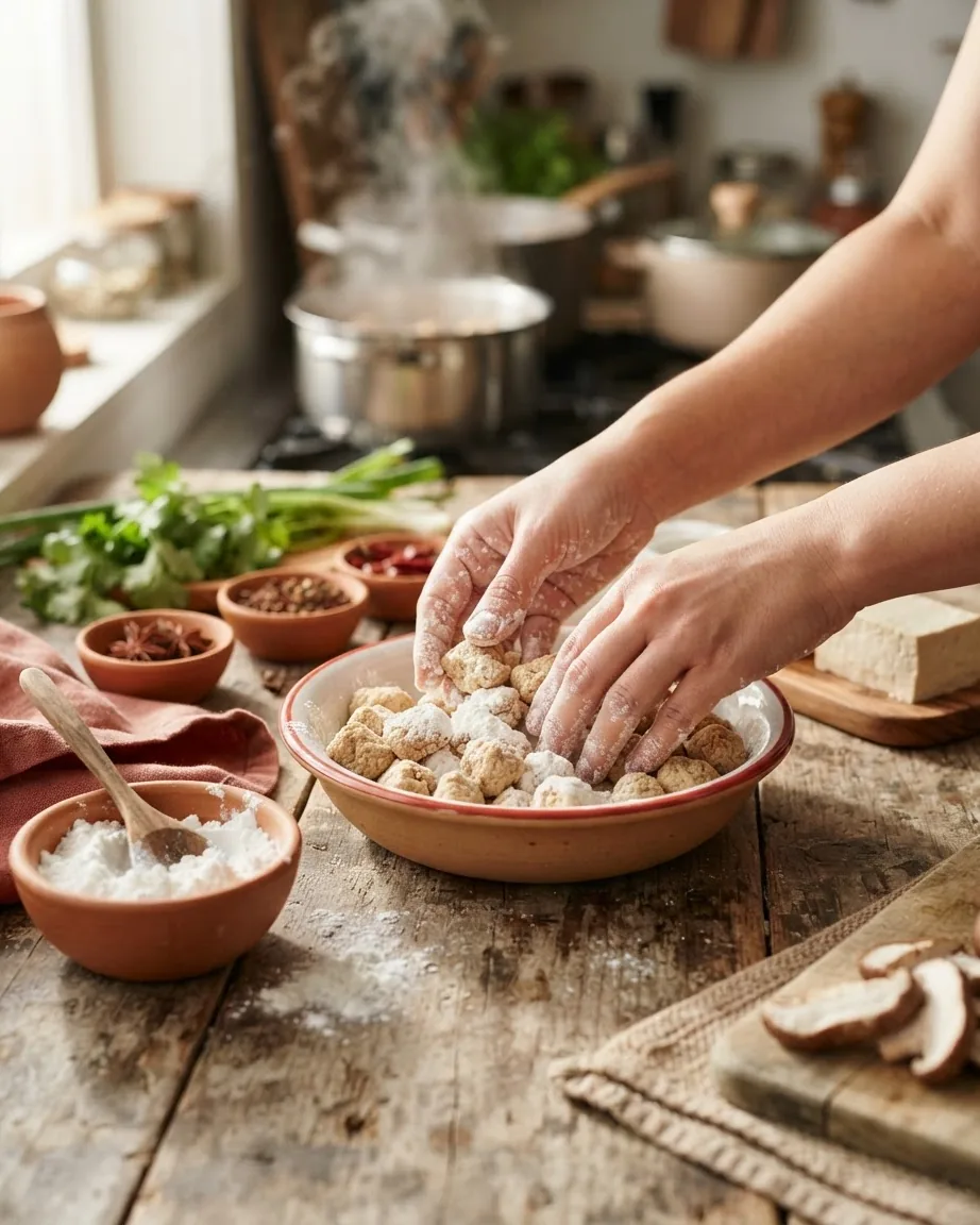Hands coat plant-protein chunks in flour beside tofu, herbs, spices, and steaming pots.