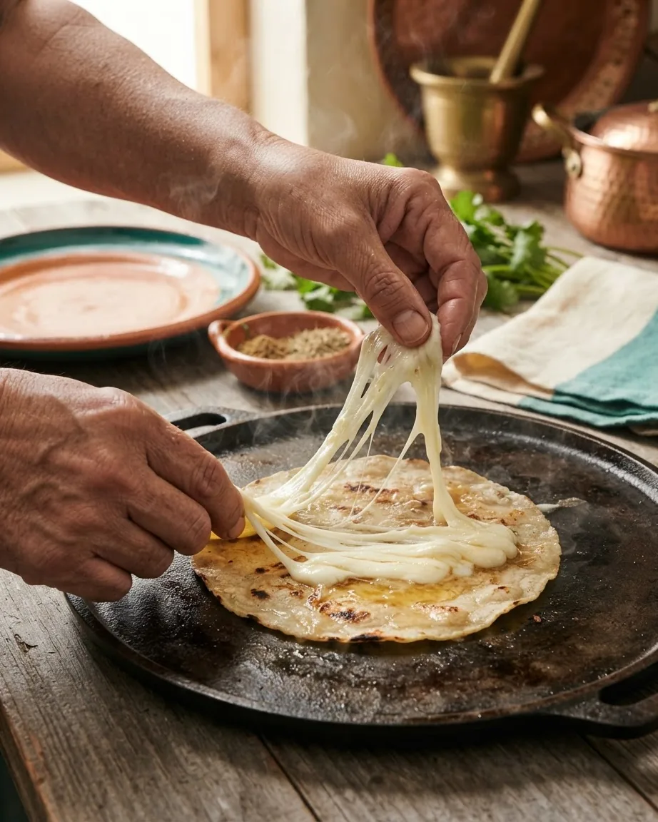 Hands stretch melted white cheese across a folded tortilla cooking on a cast-iron griddle.