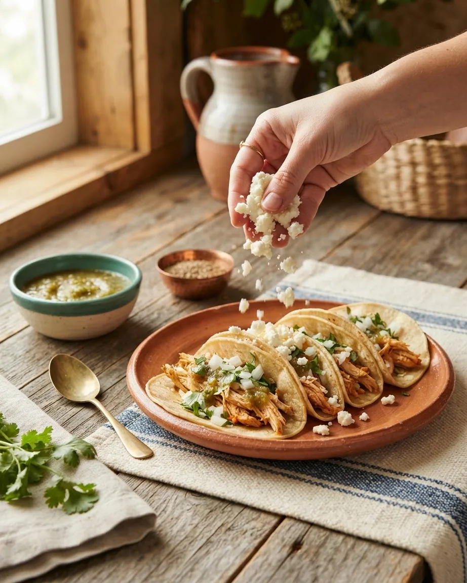 A hand crumbles white cheese over chicken tacos topped with onion, cilantro, and salsa.