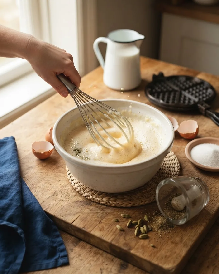 A hand whisks a foamy egg mixture in a bowl beside waffle irons, eggs, sugar, and cardamom.