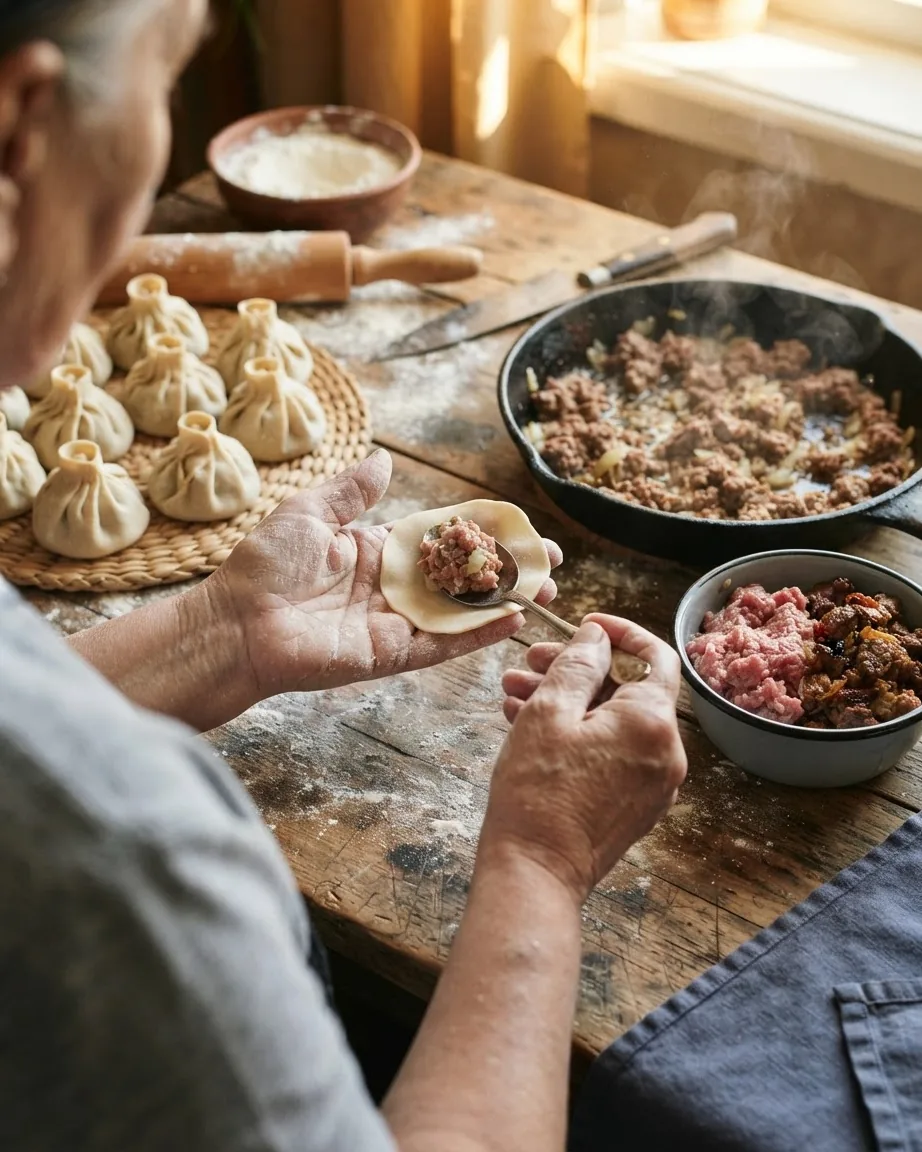 Close-up illustrating raw or browned filling: the choice that sets your steam time