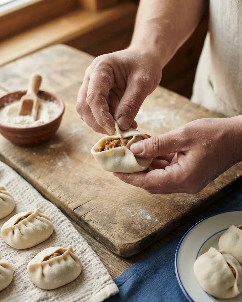 Detail view of sealing mantu without the burst: the opposite-corner pinch