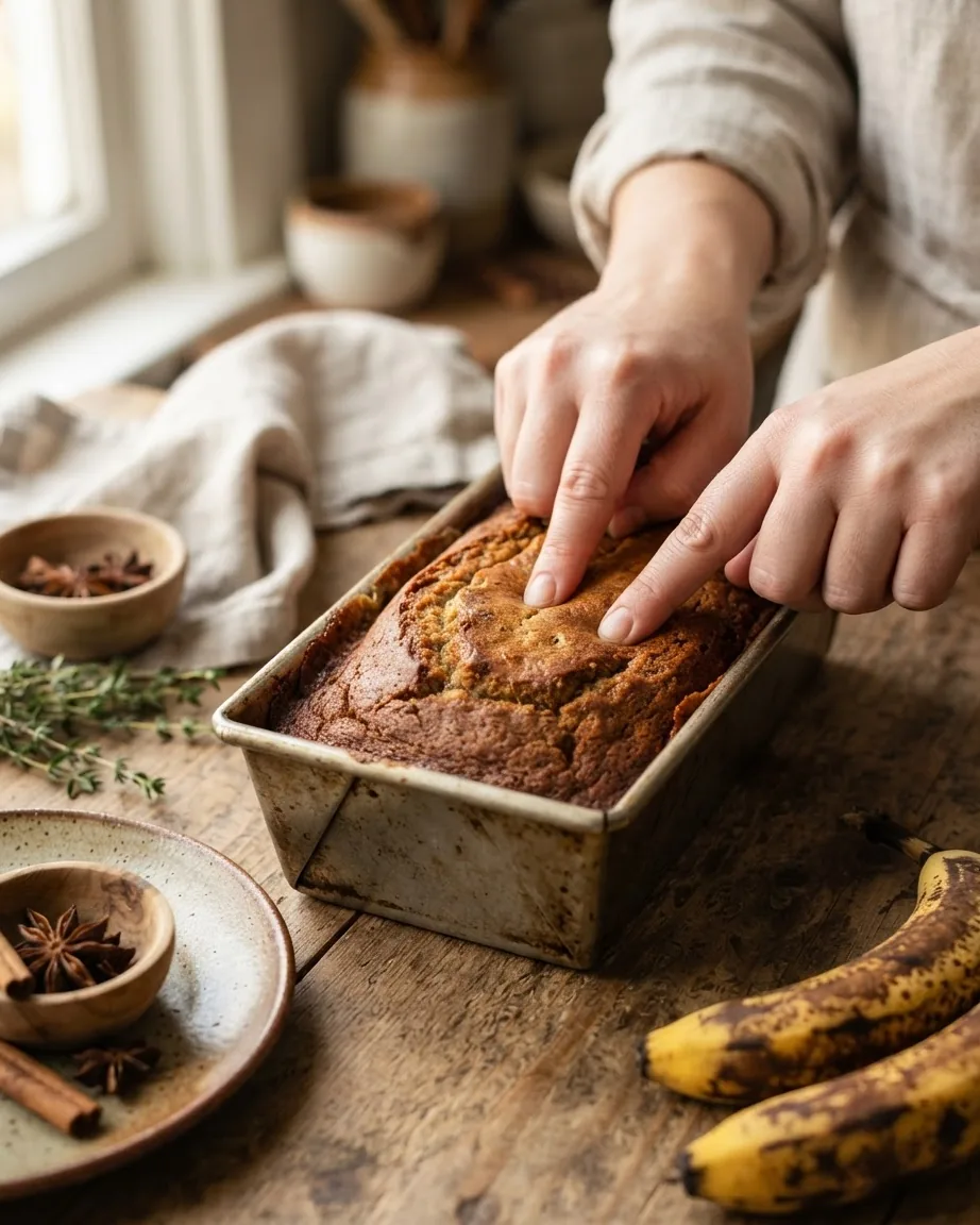 Fingertips gently press the browned top of a banana bread loaf still in its baking pan.