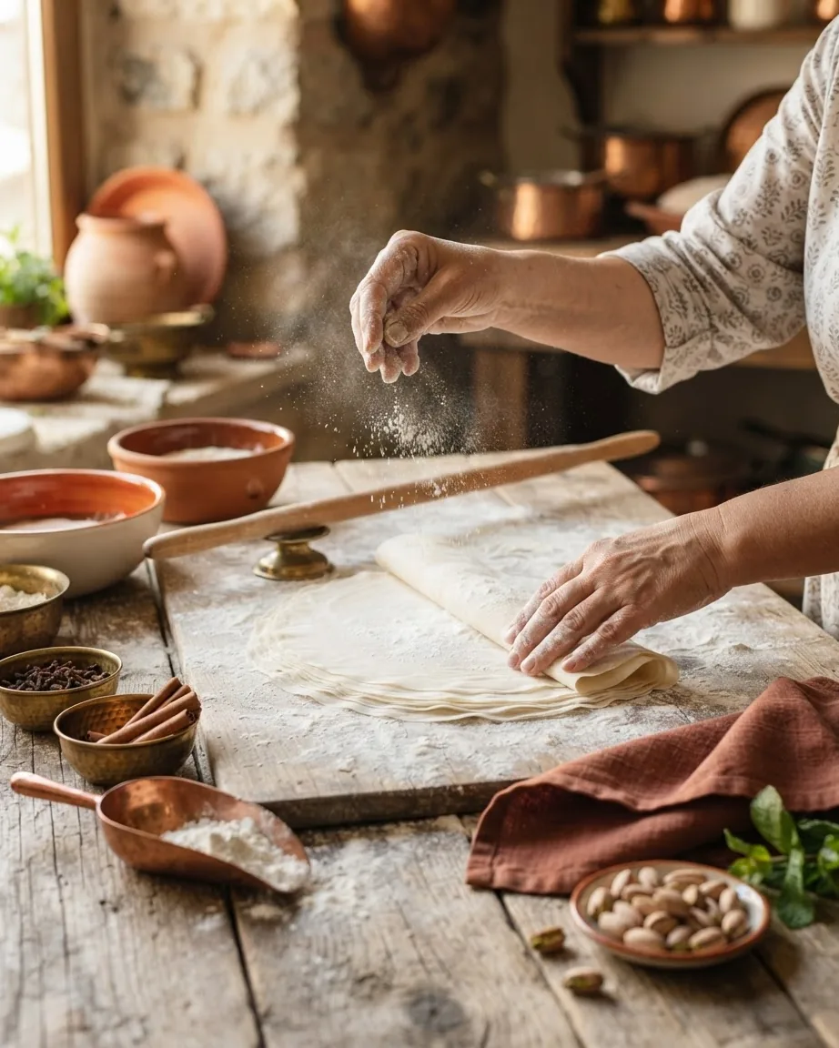Hands dust starch over stacked thin dough sheets on a floured wooden work surface.