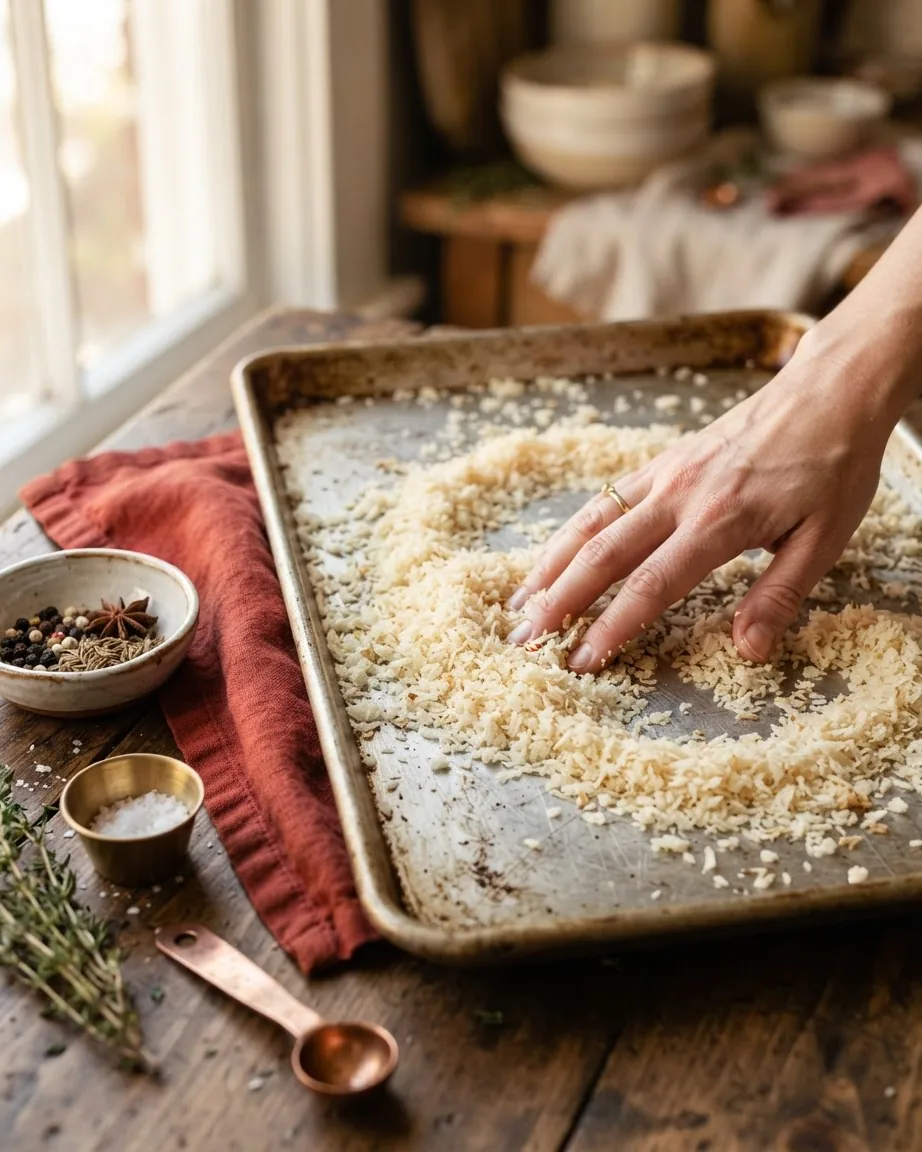 A hand spreads pale bread crumbs across a baking sheet beside spices and herbs.