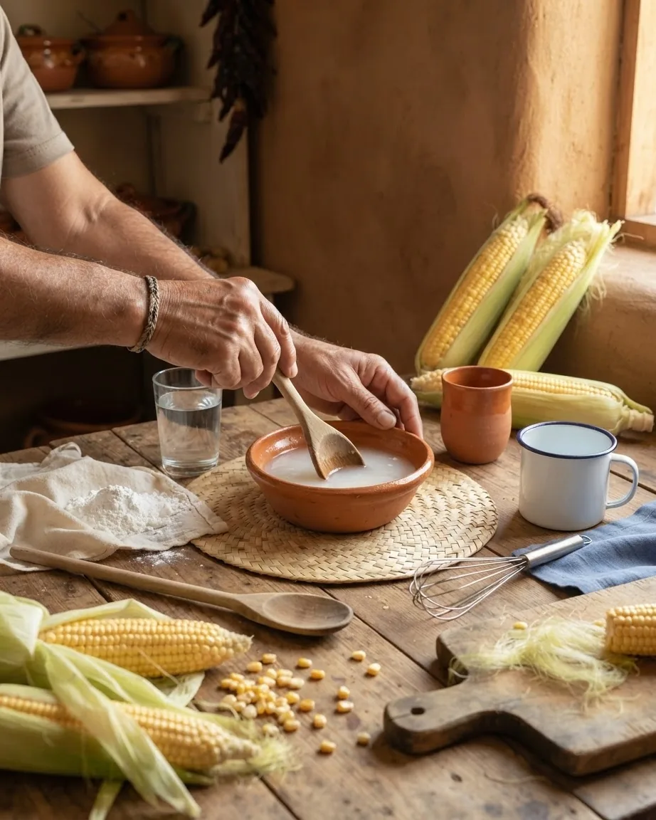 Detail view of sweet corn atole: the fresh-kernel version
