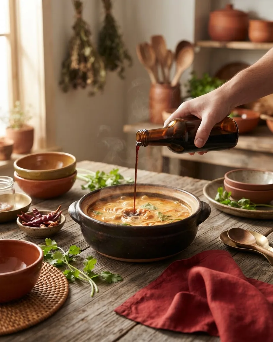 A hand pours dark sauce from a brown bottle into a steaming bowl of curry noodles.