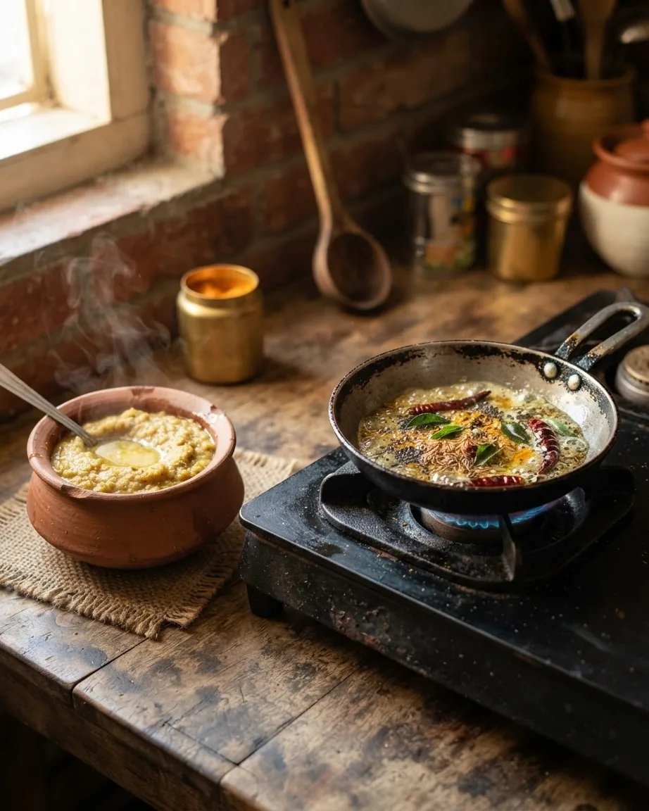 Detail view of the tadka: the tempering step that separates documented from copied