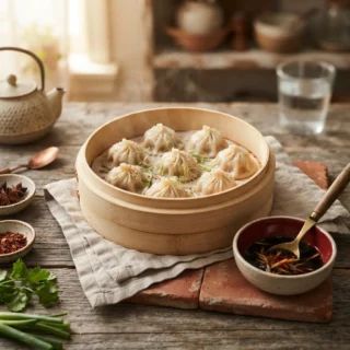 A bamboo steamer of Chinese pork dumplings with black vinegar dipping sauce
