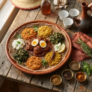 An Ethiopian injera platter topped with doro wat and colorful lentil stews