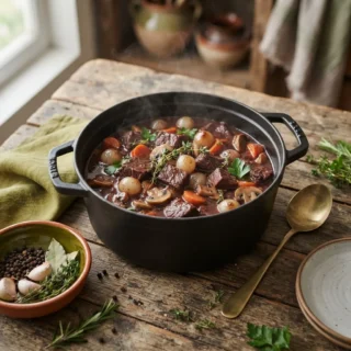 A cast-iron Dutch oven of French beef bourguignon with carrots and mushrooms