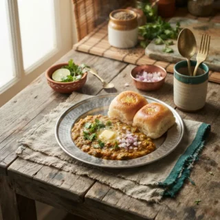 A steel plate of Mumbai pav bhaji with buttered buns, chopped onion and lime