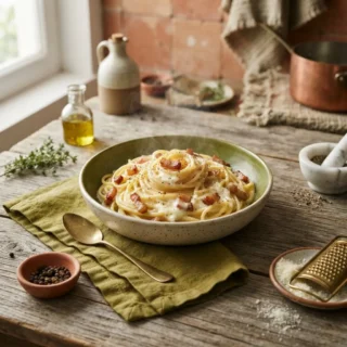 A plate of spaghetti carbonara with crispy guanciale and grated pecorino