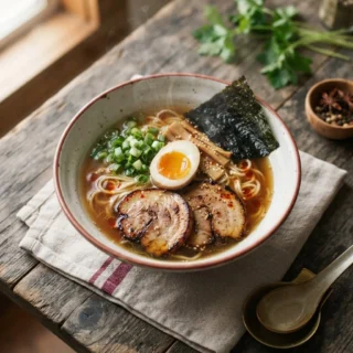 A bowl of Japanese shoyu ramen with a soft-boiled egg, chashu pork and nori