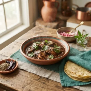 A clay bowl of Mexican chicken mole with sesame seeds and warm corn tortillas