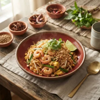 A plate of Thai pad thai with shrimp, crushed peanuts, bean sprouts and lime