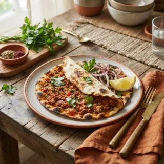 A Turkish lahmacun flatbread with parsley, sumac onions and lemon