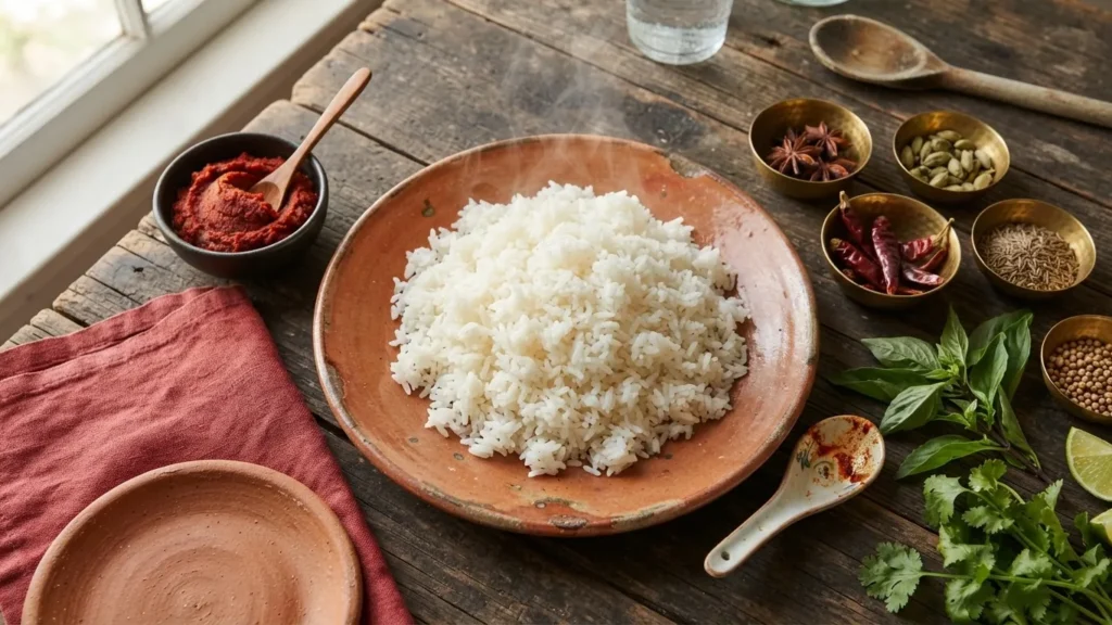 Steamed white rice on a rustic plate surrounded by herbs, spices, chili paste, and lime.