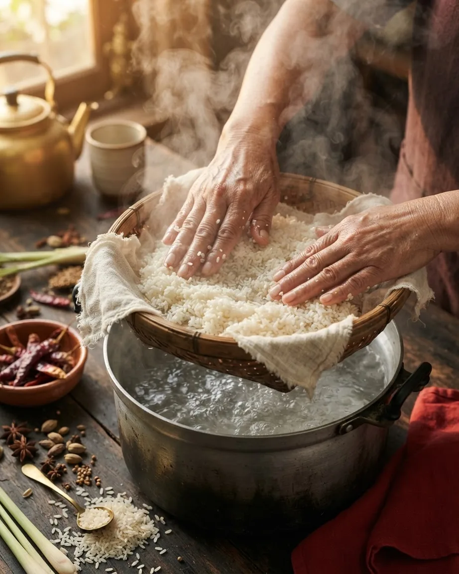 Hands spread sticky rice in a cloth-lined bamboo basket above a pot of boiling water.