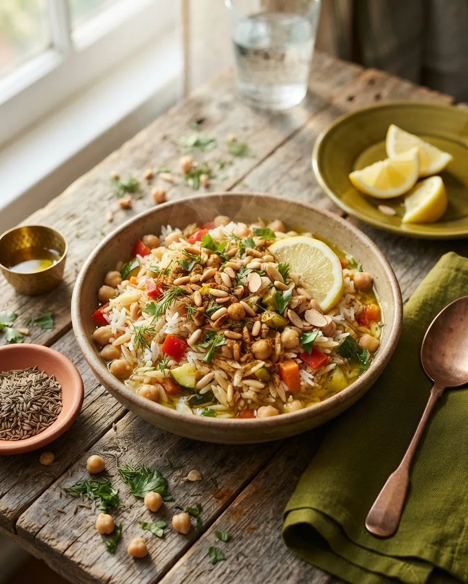 Bowl of rice with chickpeas, diced vegetables, herbs, nuts and a lemon wedge on a rustic table.