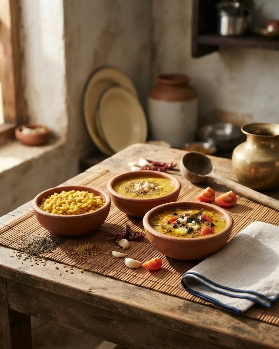 Detail view of three flavor bases for Nepali dal, and which is most authentic