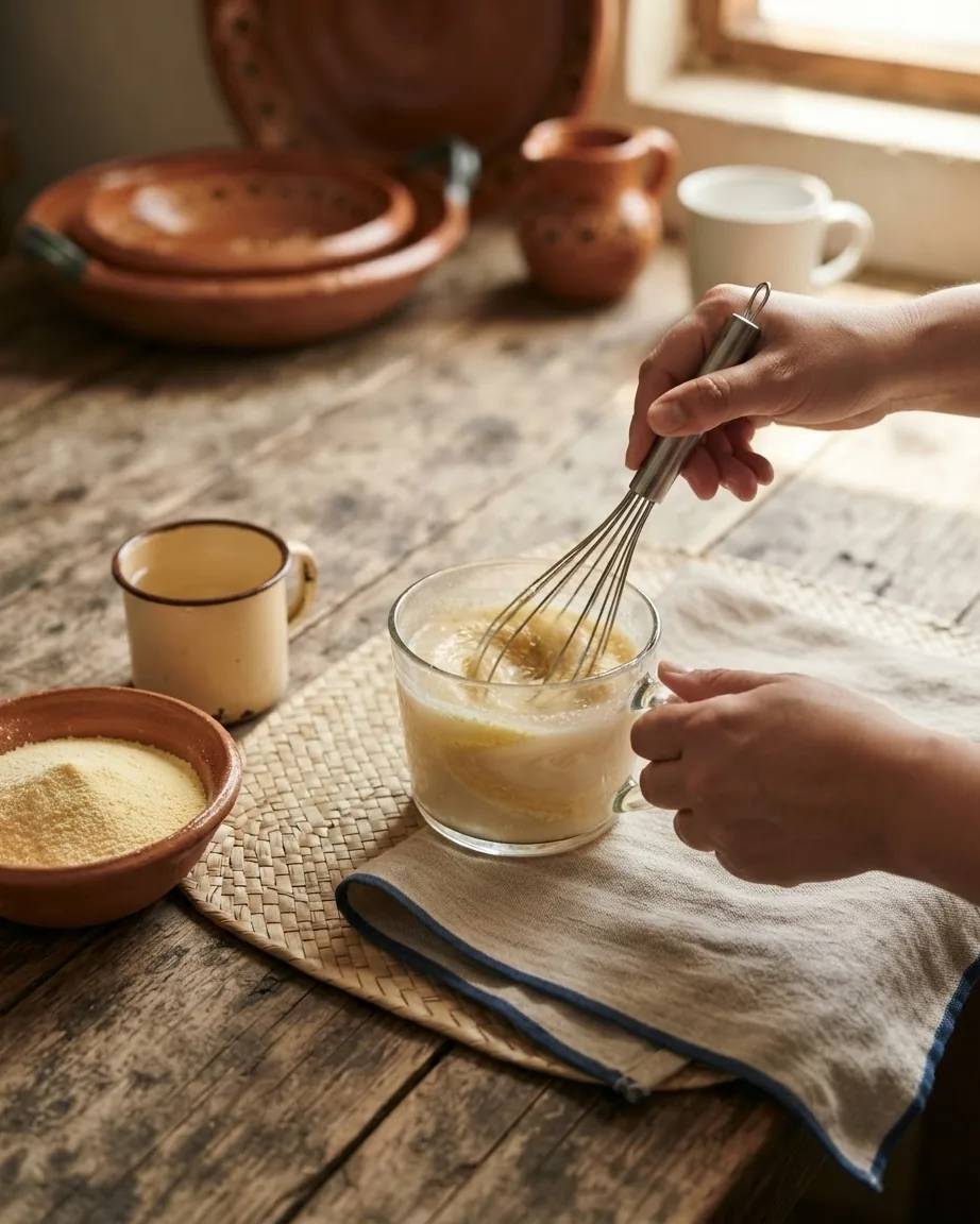 Detail view of traditional masa harina atole recipe