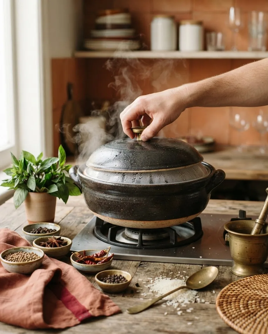 A hand holds the lid on a steaming dark pot beside spices and scattered rice in a kitchen.