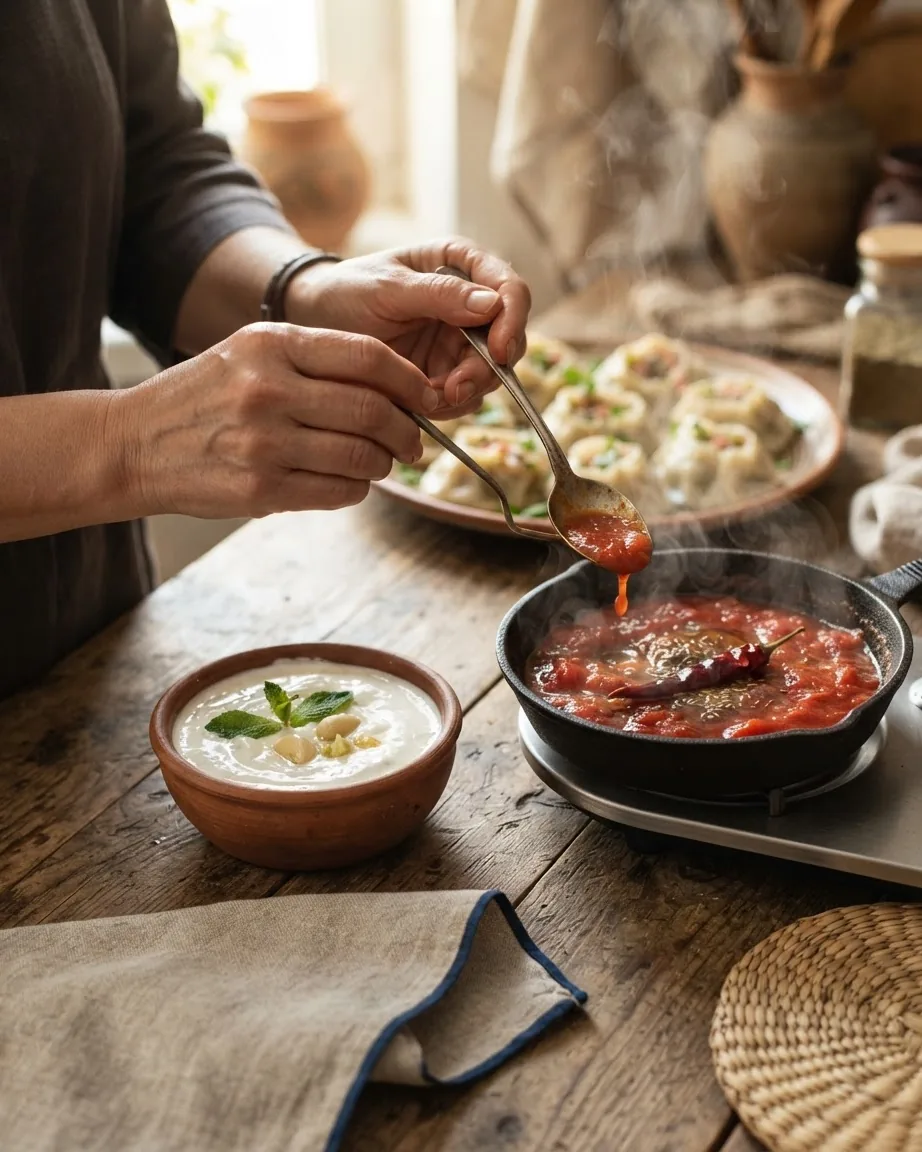 Detail view of the two sauces: garlic yogurt cold, tomato sauce warm