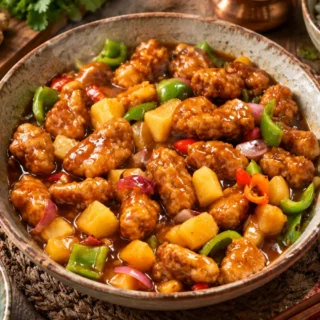Sweet-and-sour-style battered pieces with pineapple, peppers, onions, rice, tofu, and herbs.