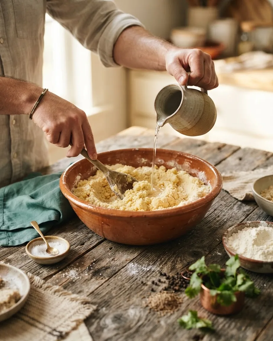 Hands pour water into a bowl of yellow dough while mixing it with a wooden spoon.