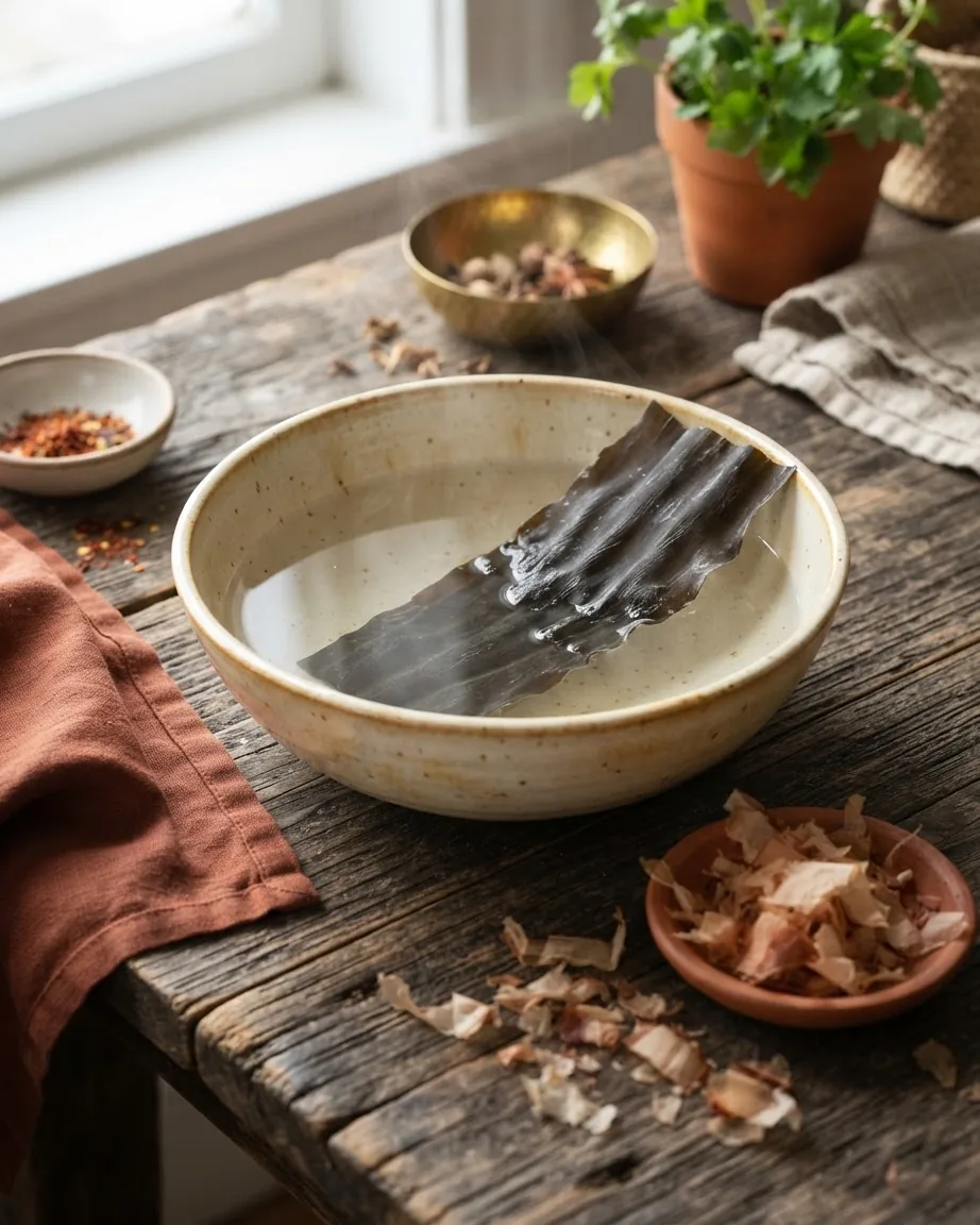 Kombu seaweed steeps in a bowl of water beside scattered dried bonito flakes on a wooden table.